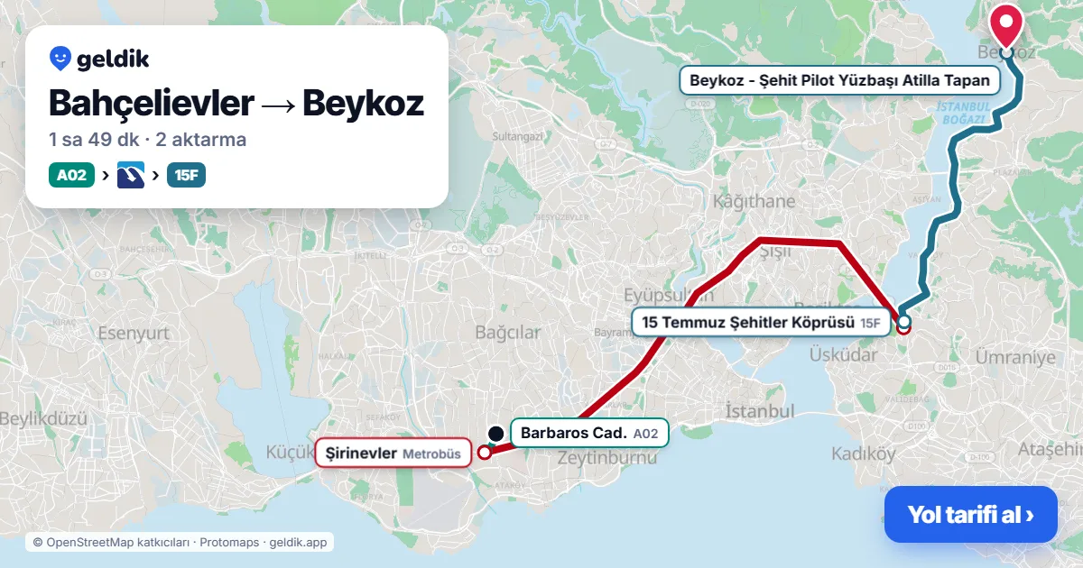 Bahçelievler – Beykoz yol haritası: A02 minibüsü → Metrobüs → 15F otobüsü ile ~1 sa 51 dk