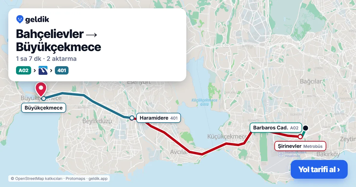 Bahçelievler – Büyükçekmece yol haritası: A02 minibüsü → Metrobüs → 401 otobüsü ile ~1 sa 6 dk