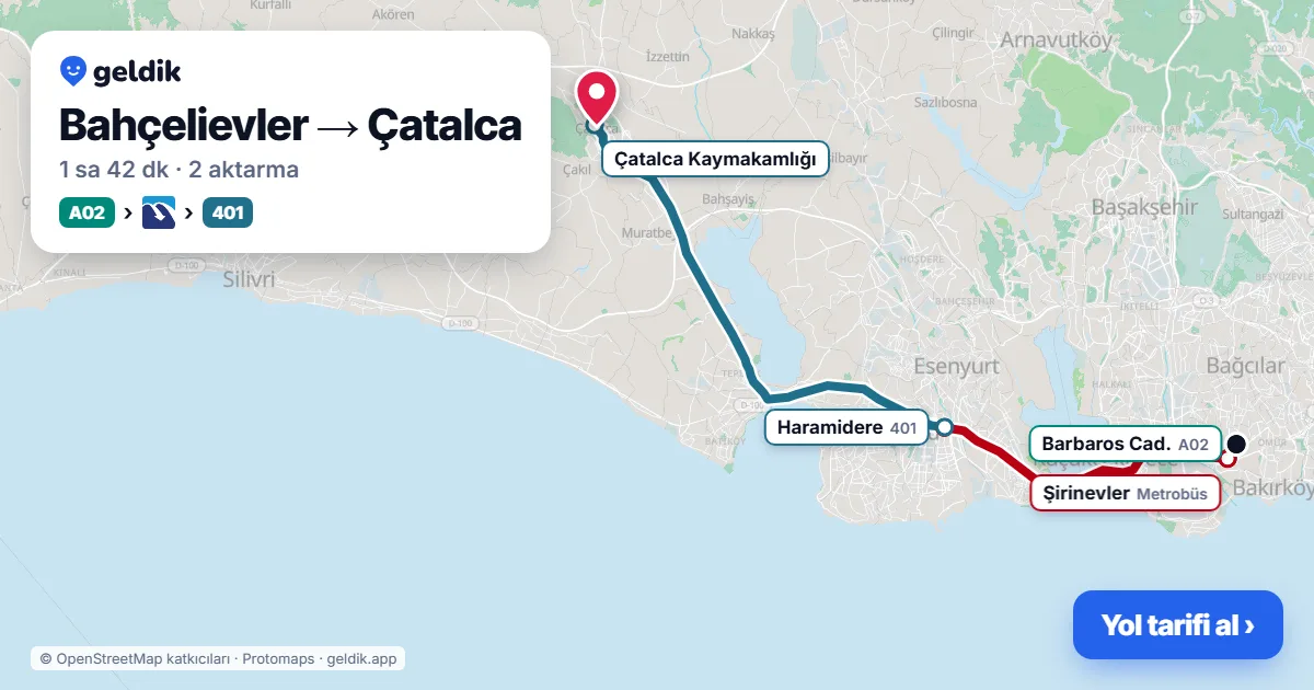 Bahçelievler – Çatalca yol haritası: A02 minibüsü → Metrobüs → 401 otobüsü ile ~1 sa 39 dk