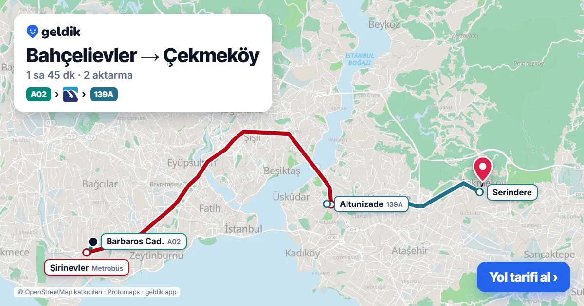 Bahçelievler – Çekmeköy yol haritası: A02 minibüsü → Metrobüs → 139A otobüsü ile ~1 sa 45 dk