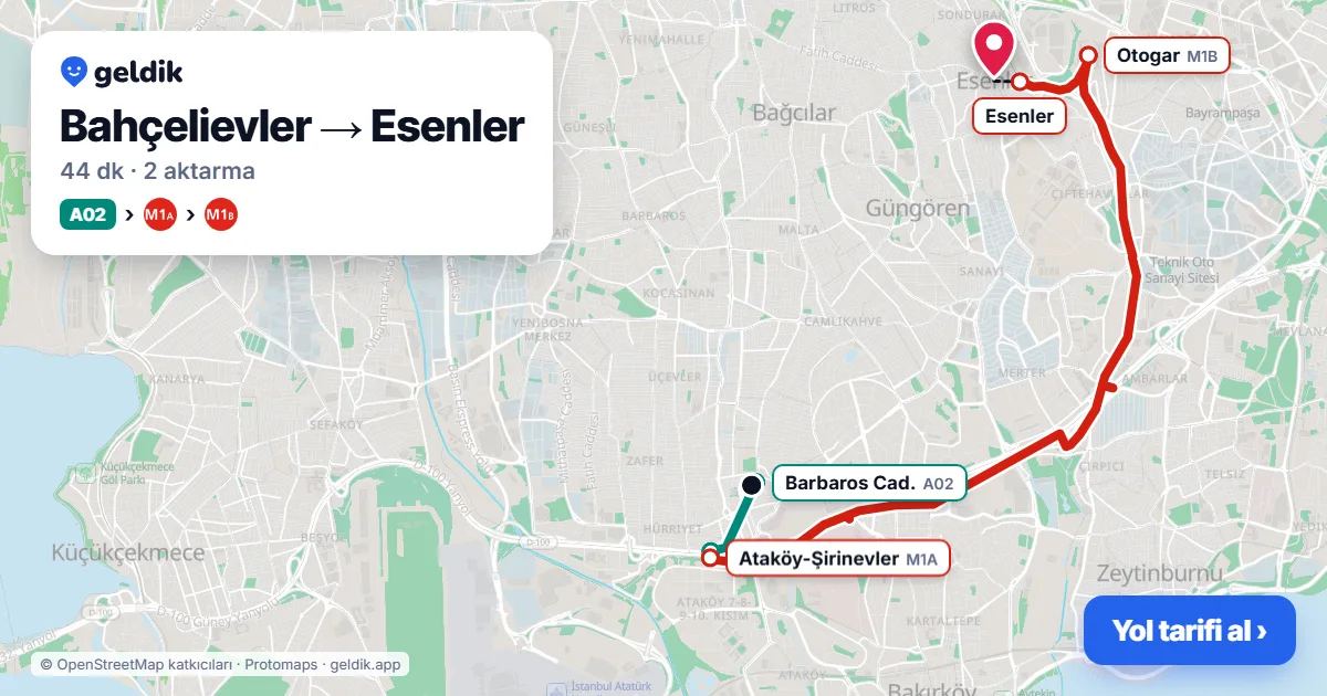 Bahçelievler – Esenler yol haritası: A02 minibüsü → M1A → M1B ile ~44 dk