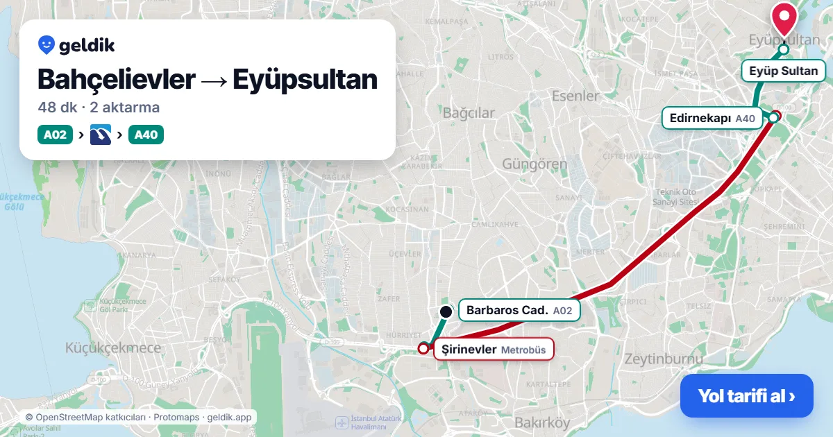 Bahçelievler – Eyüpsultan yol haritası: A02 minibüsü → Metrobüs → A40 minibüsü ile ~48 dk