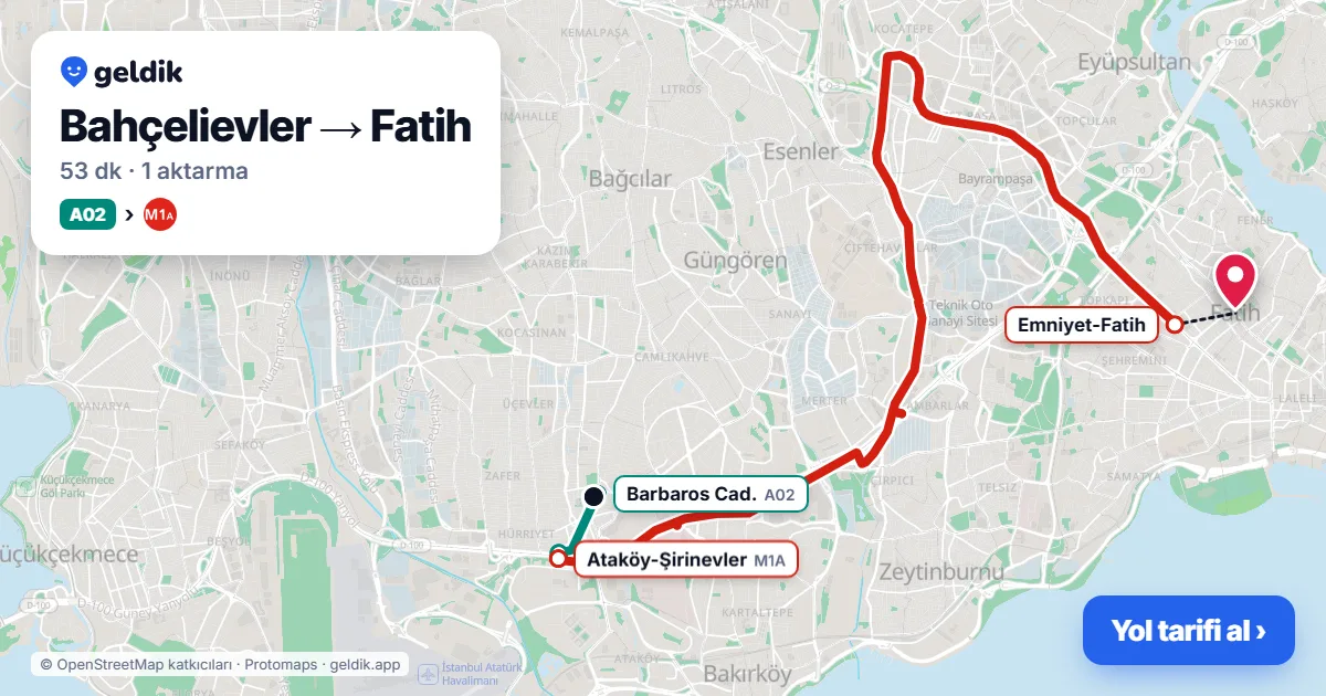 Bahçelievler – Fatih yol haritası: A02 minibüsü → M1A ile ~53 dk