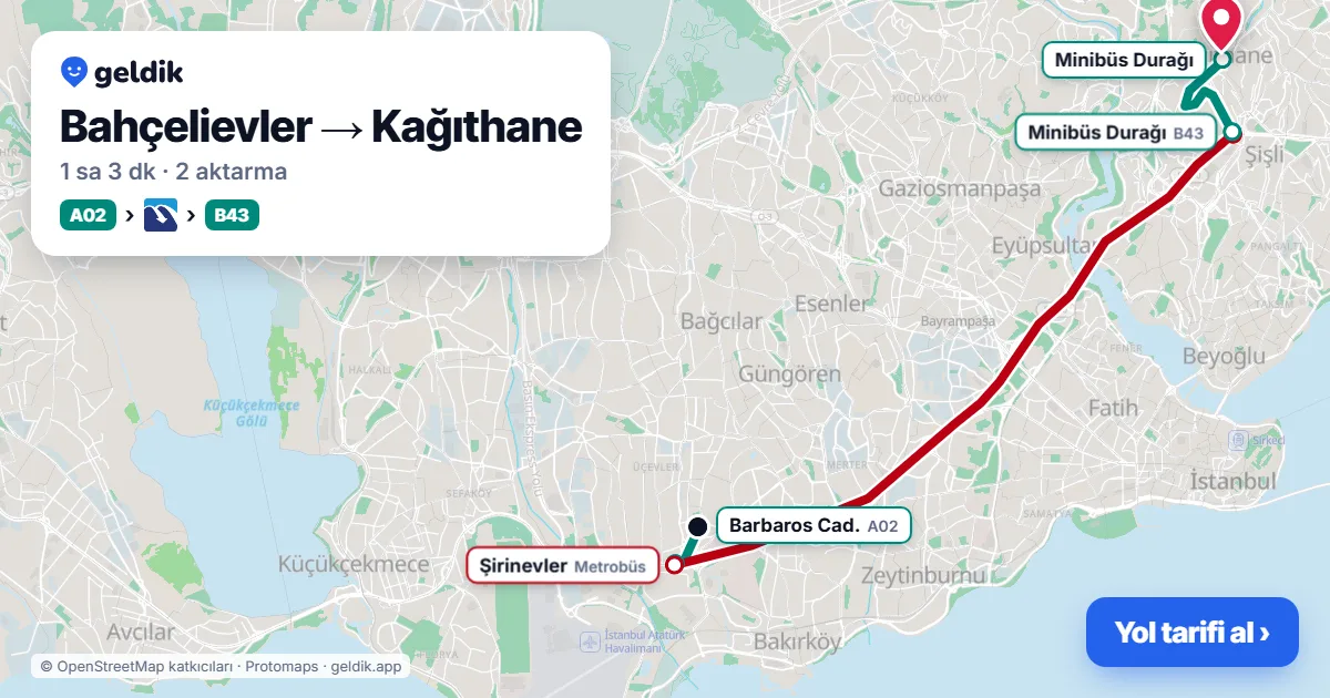 Bahçelievler – Kağıthane yol haritası: A02 minibüsü → Metrobüs → B43 minibüsü ile ~1 sa 3 dk