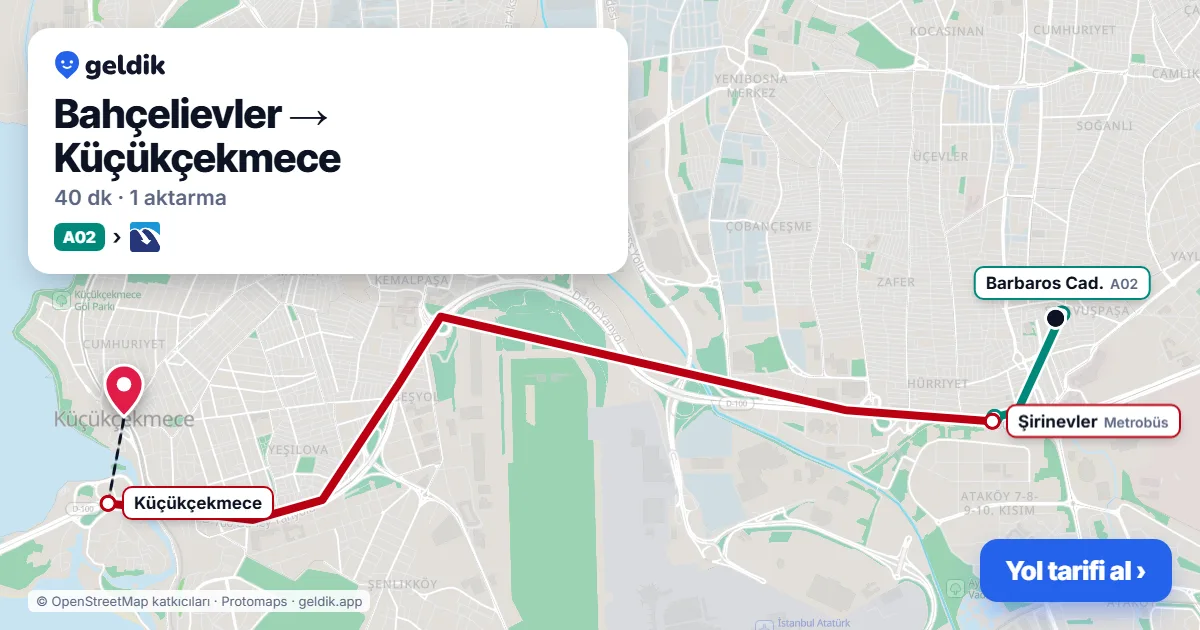 Bahçelievler – Küçükçekmece yol haritası: A02 minibüsü → Metrobüs ile ~40 dk