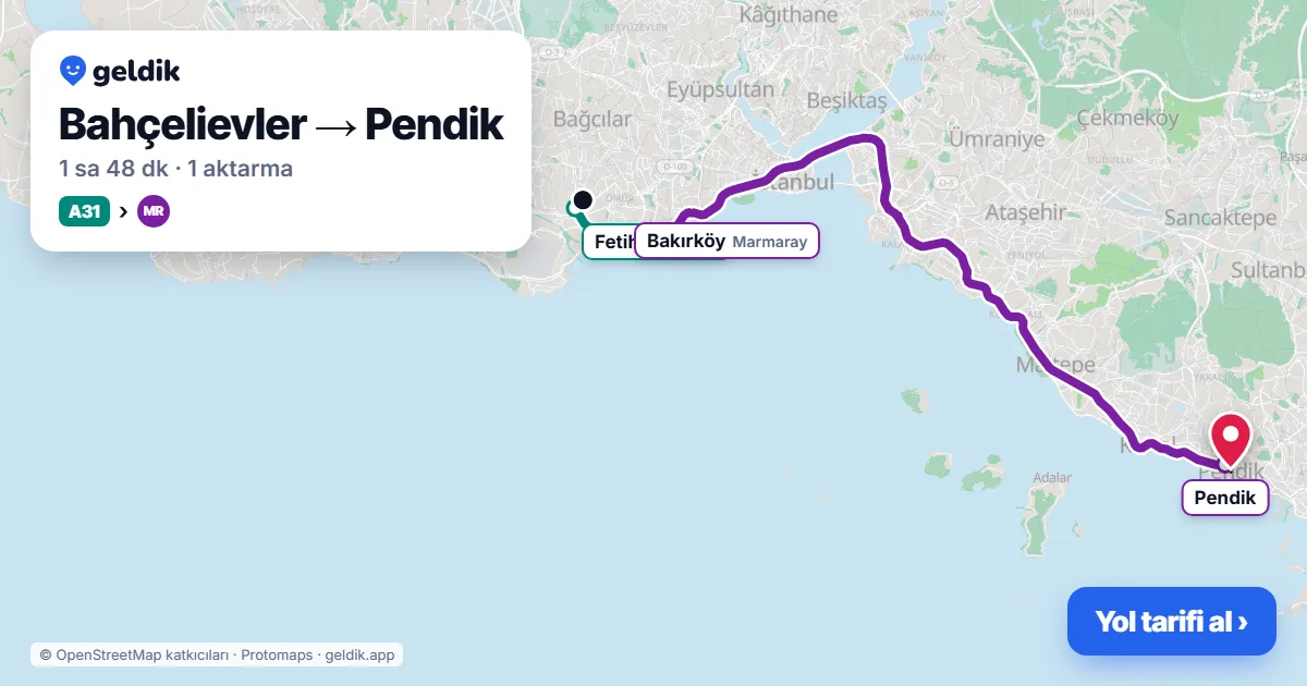 Bahçelievler – Pendik yol haritası: A31 minibüsü → Marmaray ile ~1 sa 48 dk