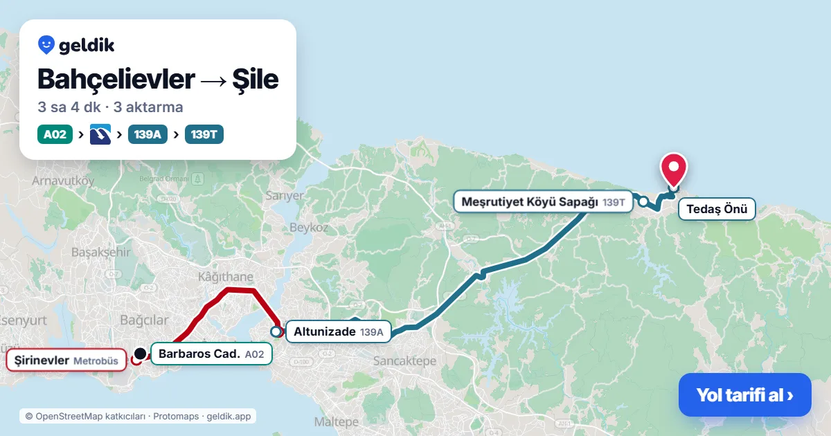 Bahçelievler – Şile yol haritası: A02 minibüsü → Metrobüs → 139A otobüsü → 139T otobüsü ile ~3 sa 4 dk