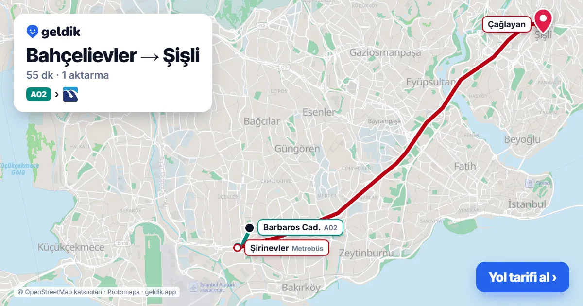 Bahçelievler – Şişli yol haritası: A02 minibüsü → Metrobüs ile ~55 dk