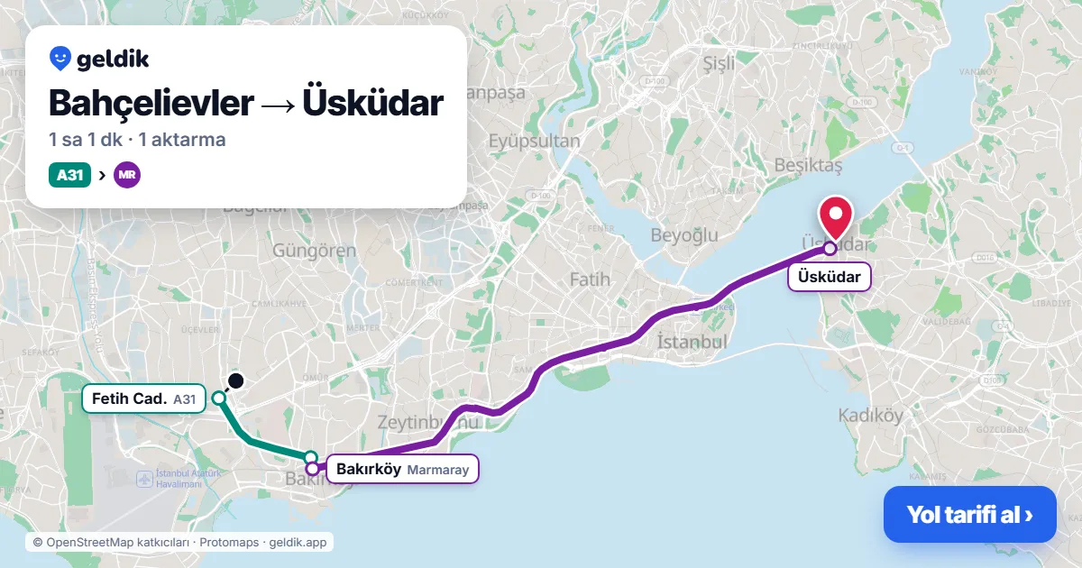 Bahçelievler – Üsküdar yol haritası: A31 minibüsü → Marmaray ile ~1 sa 1 dk