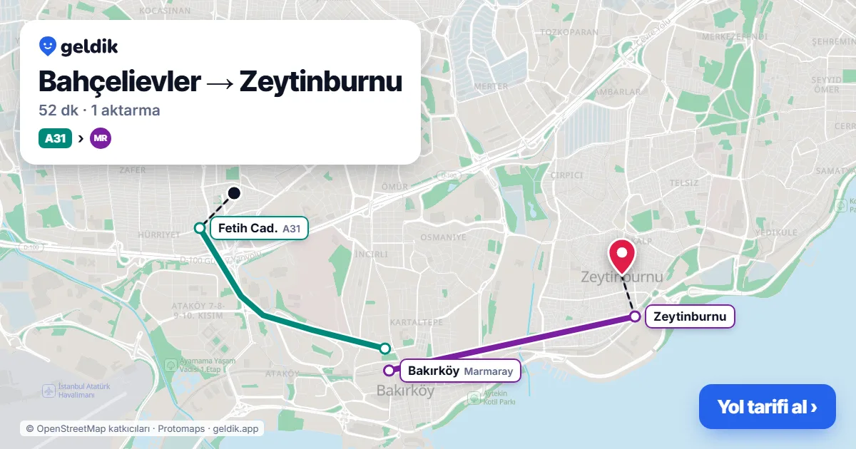 Bahçelievler – Zeytinburnu yol haritası: A31 minibüsü → Marmaray ile ~52 dk