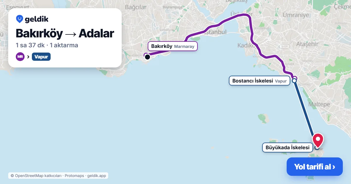 Bakırköy – Adalar yol haritası: Marmaray → vapur ile ~1 sa 37 dk