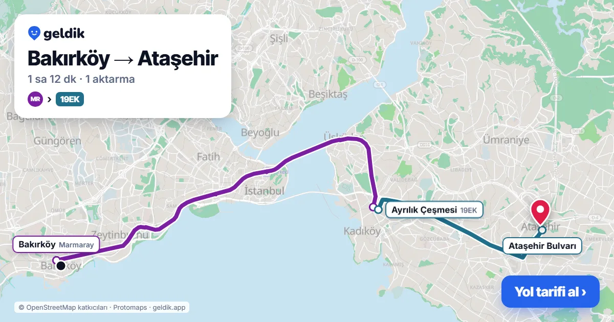 Bakırköy – Ataşehir yol haritası: Marmaray → 19EK otobüsü ile ~1 sa 12 dk