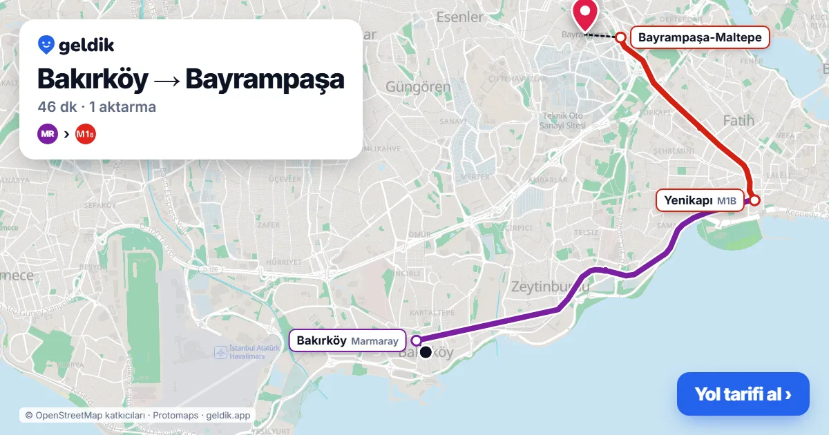 Bakırköy – Bayrampaşa yol haritası: Marmaray → M1B ile ~46 dk