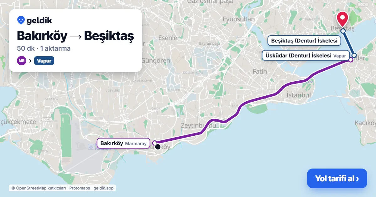 Bakırköy – Beşiktaş yol haritası: Marmaray → vapur ile ~50 dk