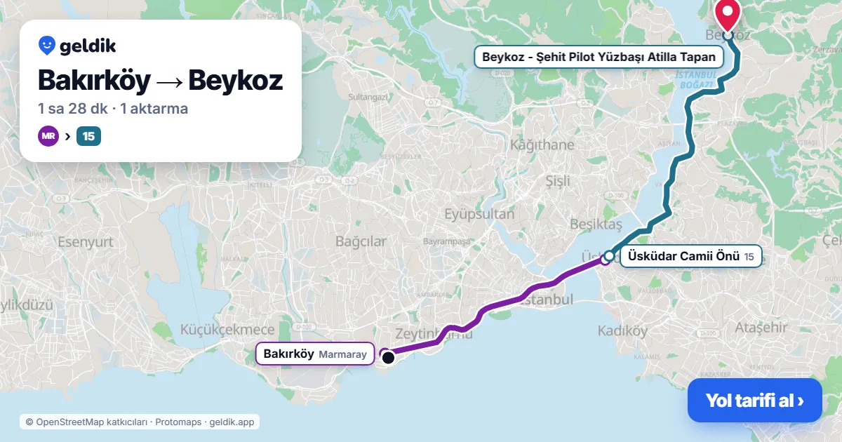 Bakırköy – Beykoz yol haritası: Marmaray → 15 otobüsü ile ~1 sa 28 dk