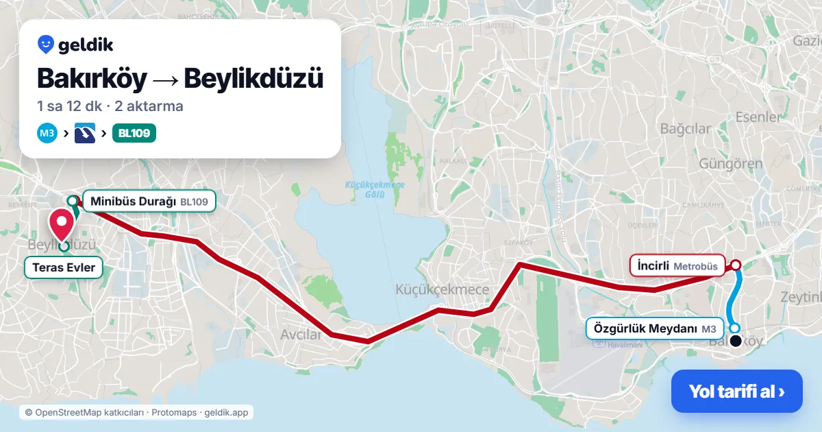 Bakırköy – Beylikdüzü yol haritası: M3 → Metrobüs → BL109 minibüsü ile ~1 sa 12 dk