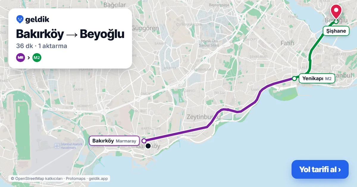 Bakırköy – Beyoğlu yol haritası: Marmaray → M2 ile ~36 dk
