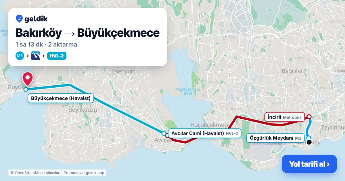 Bakırköy – Büyükçekmece yol haritası: M3 → Metrobüs → Havaist HVL-2 otobüsü ile ~1 sa 13 dk