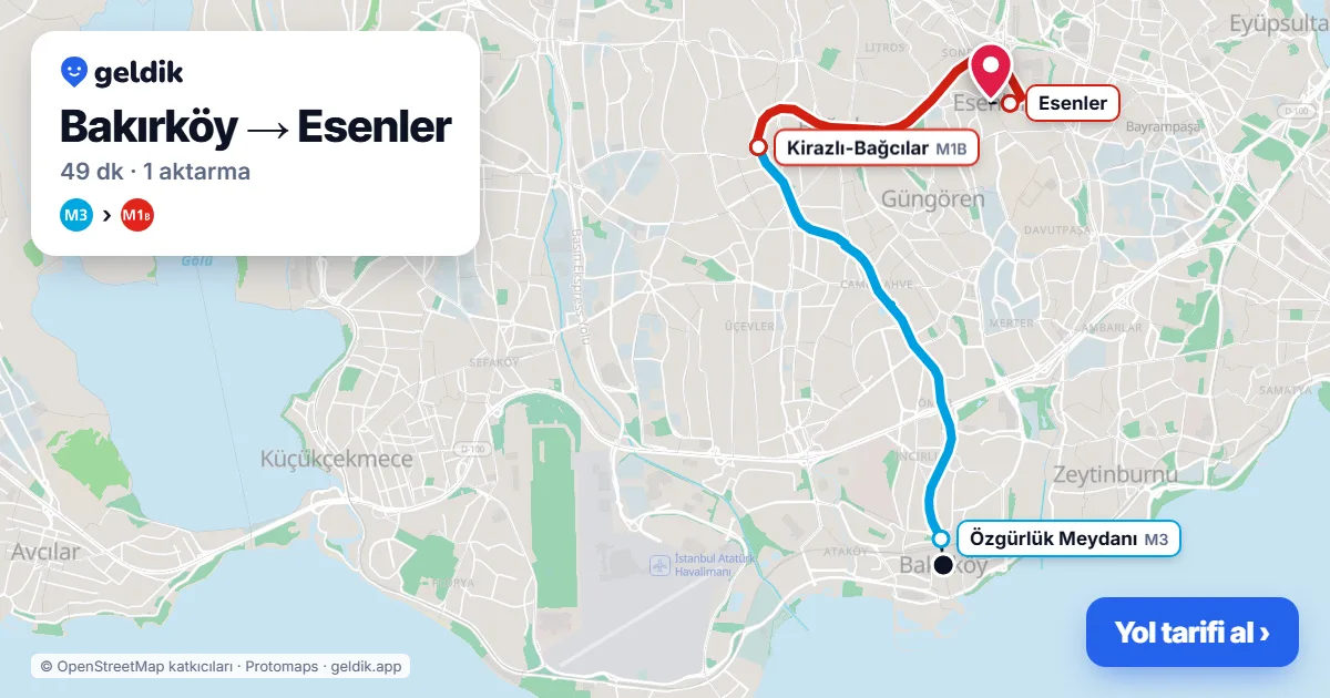 Bakırköy – Esenler yol haritası: M3 → M1B ile ~49 dk