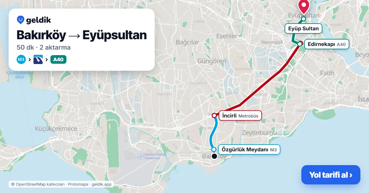 Bakırköy – Eyüpsultan yol haritası: M3 → Metrobüs → A40 minibüsü ile ~50 dk