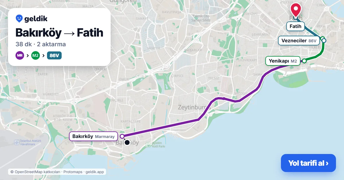 Bakırköy – Fatih yol haritası: Marmaray → M2 → 86V otobüsü ile ~38 dk