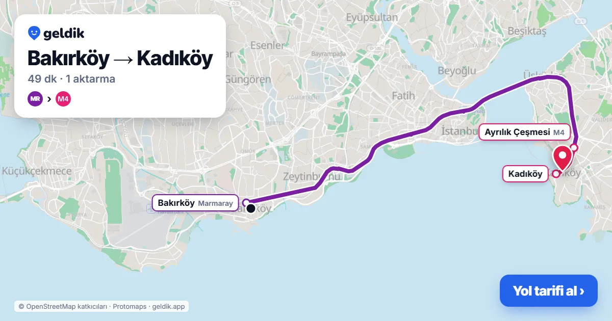 Bakırköy – Kadıköy yol haritası: Marmaray → M4 ile ~49 dk