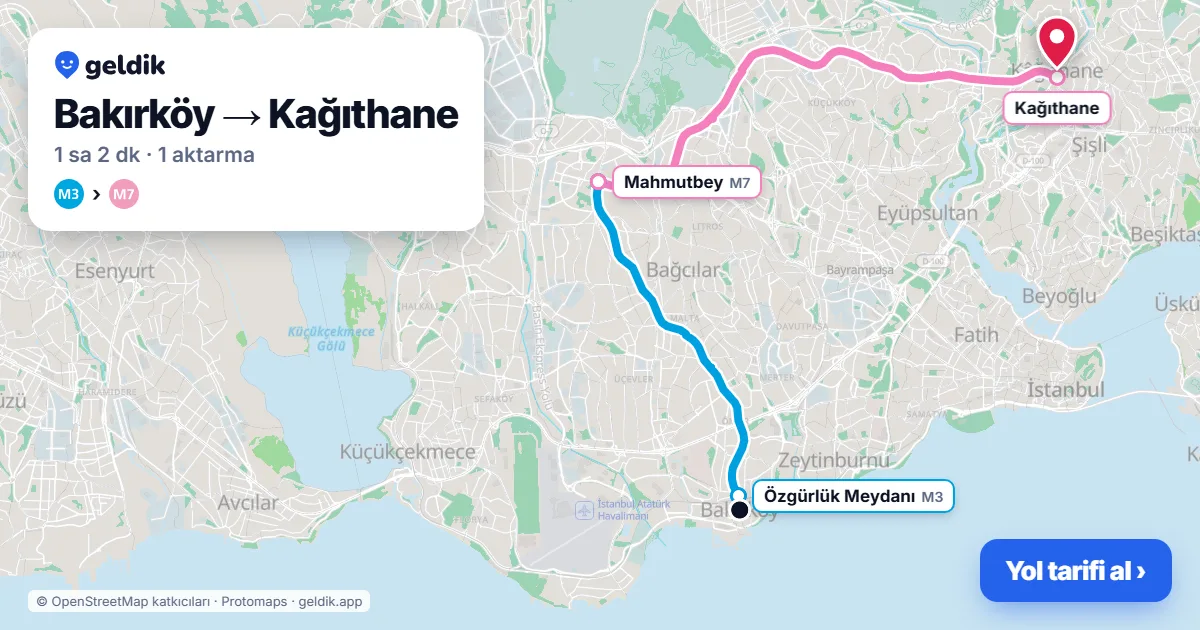 Bakırköy – Kağıthane yol haritası: M3 → M7 ile ~1 sa 2 dk