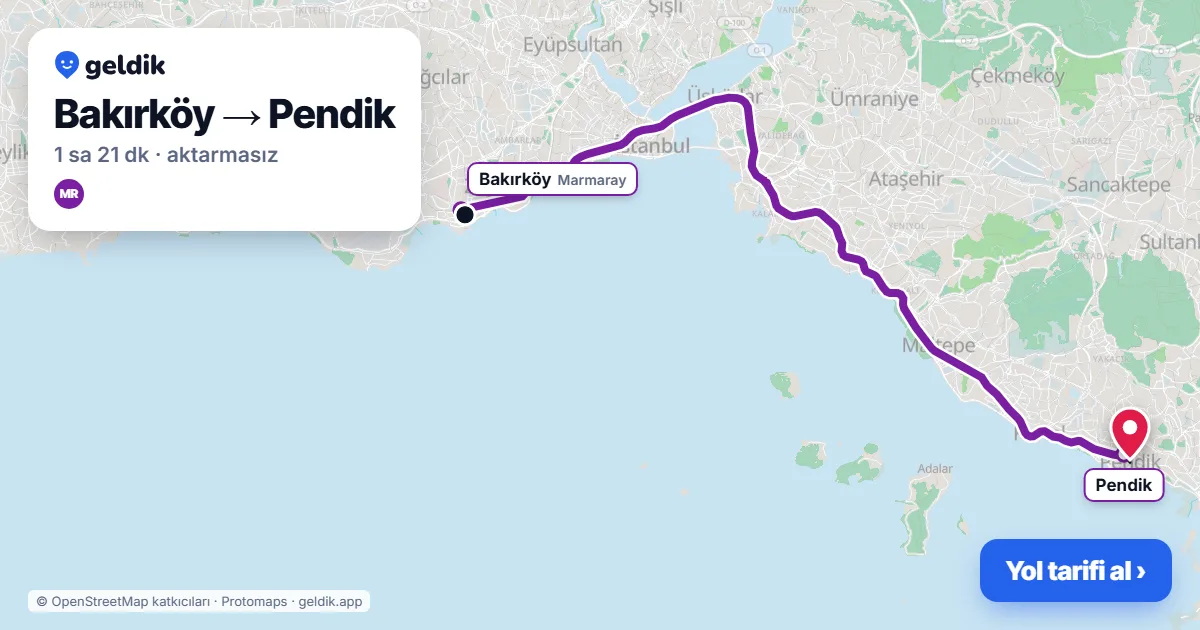 Bakırköy – Pendik yol haritası: Marmaray ile ~1 sa 21 dk
