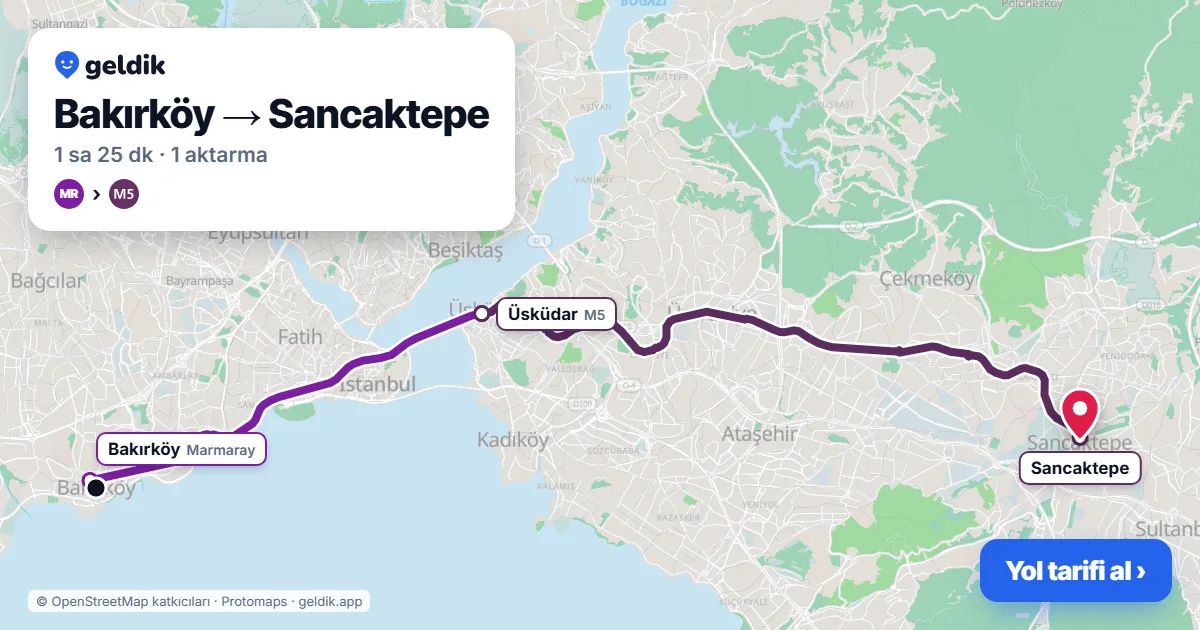 Bakırköy – Sancaktepe yol haritası: Marmaray → M5 ile ~1 sa 25 dk