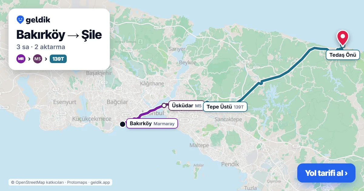 Bakırköy – Şile yol haritası: Marmaray → M5 → 139T otobüsü ile ~3 sa