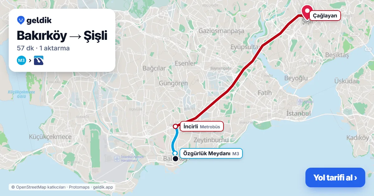 Bakırköy – Şişli yol haritası: M3 → Metrobüs ile ~57 dk