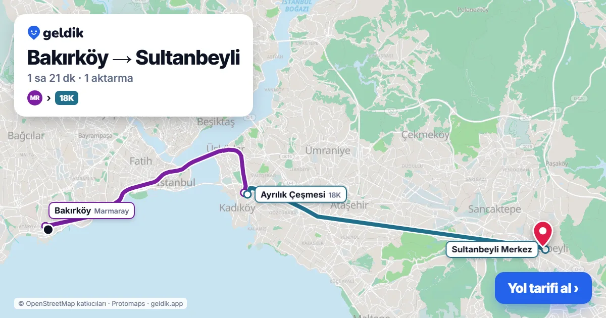 Bakırköy – Sultanbeyli yol haritası: Marmaray → 18K otobüsü ile ~1 sa 21 dk