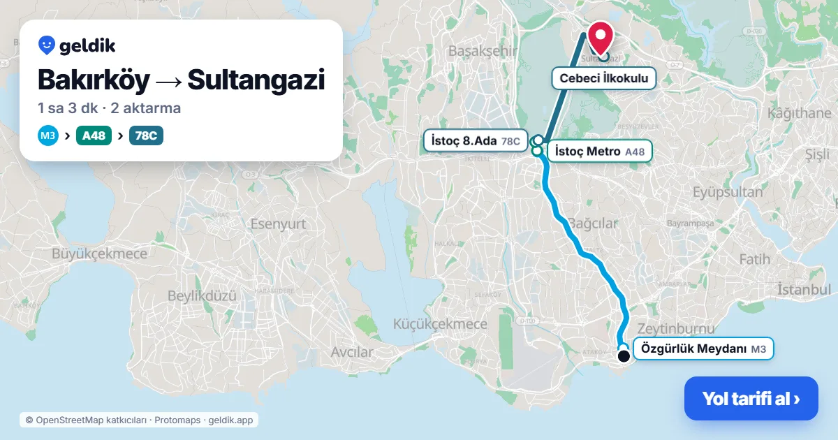 Bakırköy – Sultangazi yol haritası: M3 → A48 minibüsü → 78C otobüsü ile ~1 sa 3 dk