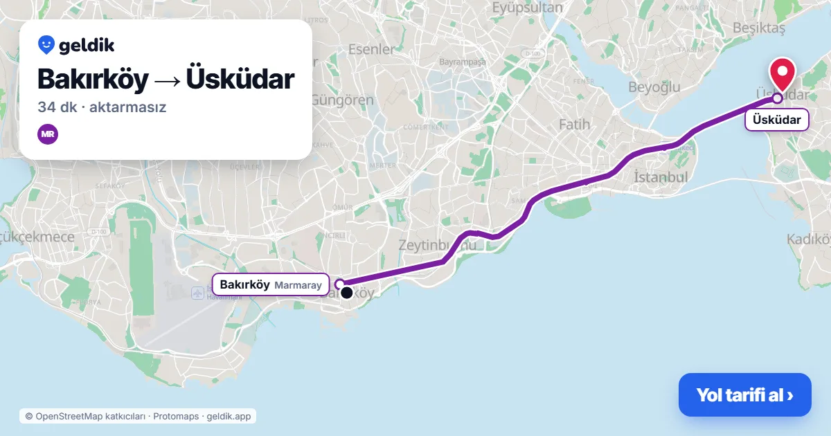 Bakırköy – Üsküdar yol haritası: Marmaray ile ~34 dk