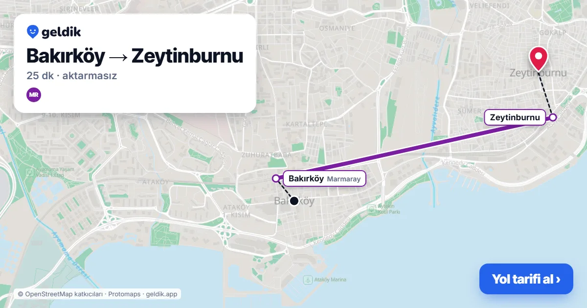 Bakırköy – Zeytinburnu yol haritası: Marmaray ile ~25 dk