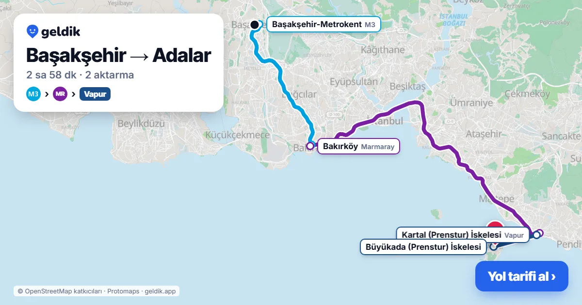 Başakşehir – Adalar yol haritası: M3 → Marmaray → vapur ile ~2 sa 58 dk
