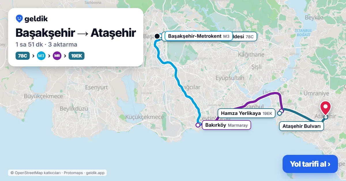 Başakşehir – Ataşehir yol haritası: 78C otobüsü → M3 → Marmaray → 19EK otobüsü ile ~1 sa 51 dk