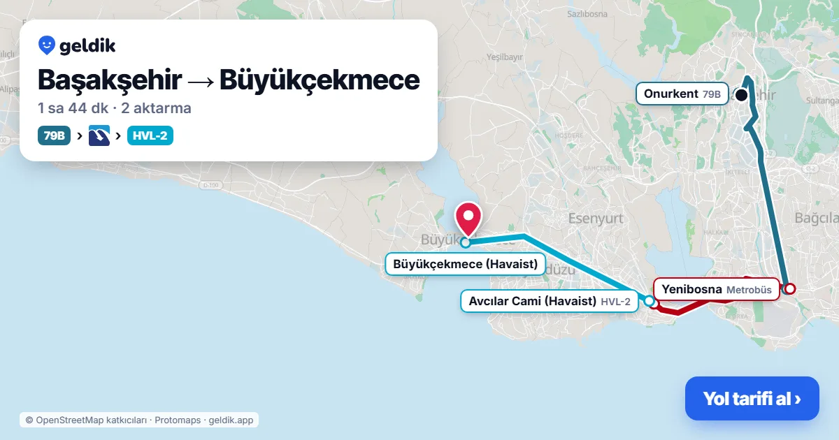 Başakşehir – Büyükçekmece yol haritası: 79B otobüsü → Metrobüs → Havaist HVL-2 otobüsü ile ~1 sa 44 dk