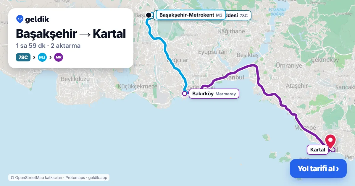Başakşehir – Kartal yol haritası: 78C otobüsü → M3 → Marmaray ile ~1 sa 59 dk