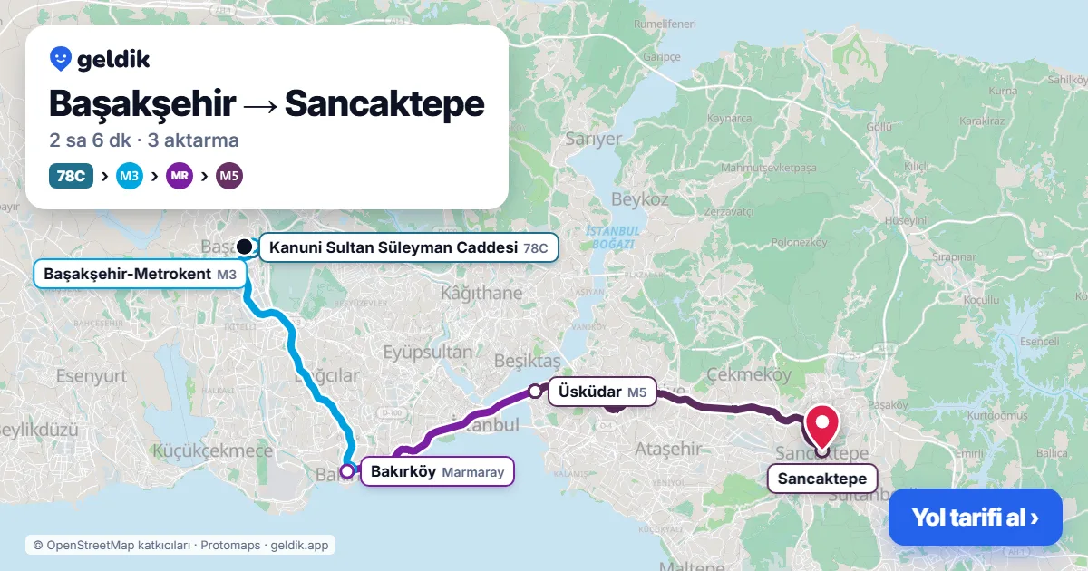 Başakşehir – Sancaktepe yol haritası: 78C otobüsü → M3 → Marmaray → M5 ile ~2 sa 6 dk