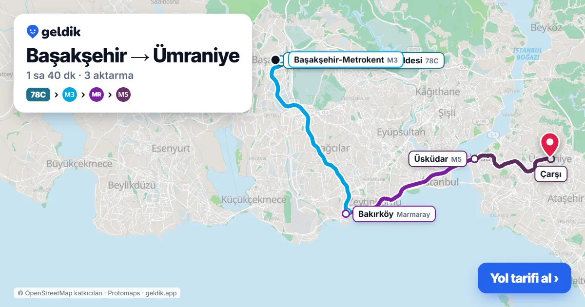 Başakşehir – Ümraniye yol haritası: 78C otobüsü → M3 → Marmaray → M5 ile ~1 sa 40 dk