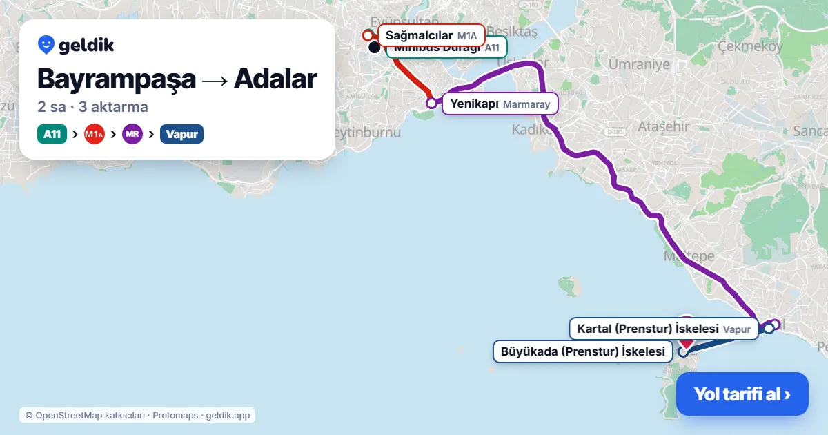 Bayrampaşa – Adalar yol haritası: A11 minibüsü → M1A → Marmaray → vapur ile ~2 sa