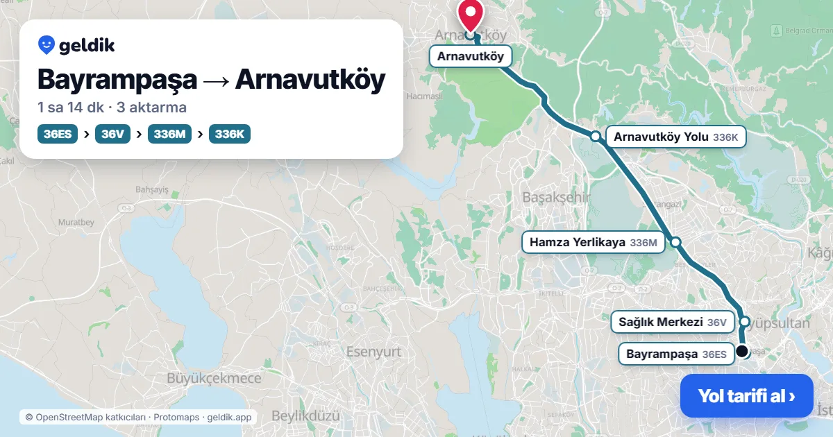 Bayrampaşa – Arnavutköy yol haritası: 36ES otobüsü → 36V otobüsü → 336M otobüsü → 336K otobüsü ile ~1 sa 14 dk