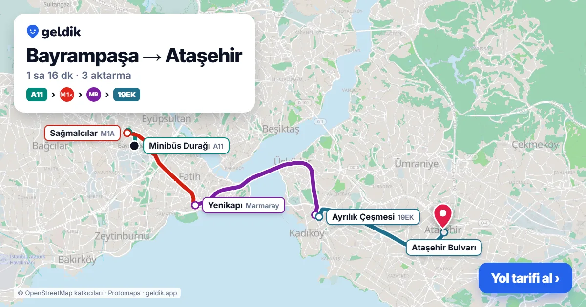 Bayrampaşa – Ataşehir yol haritası: A11 minibüsü → M1A → Marmaray → 19EK otobüsü ile ~1 sa 16 dk