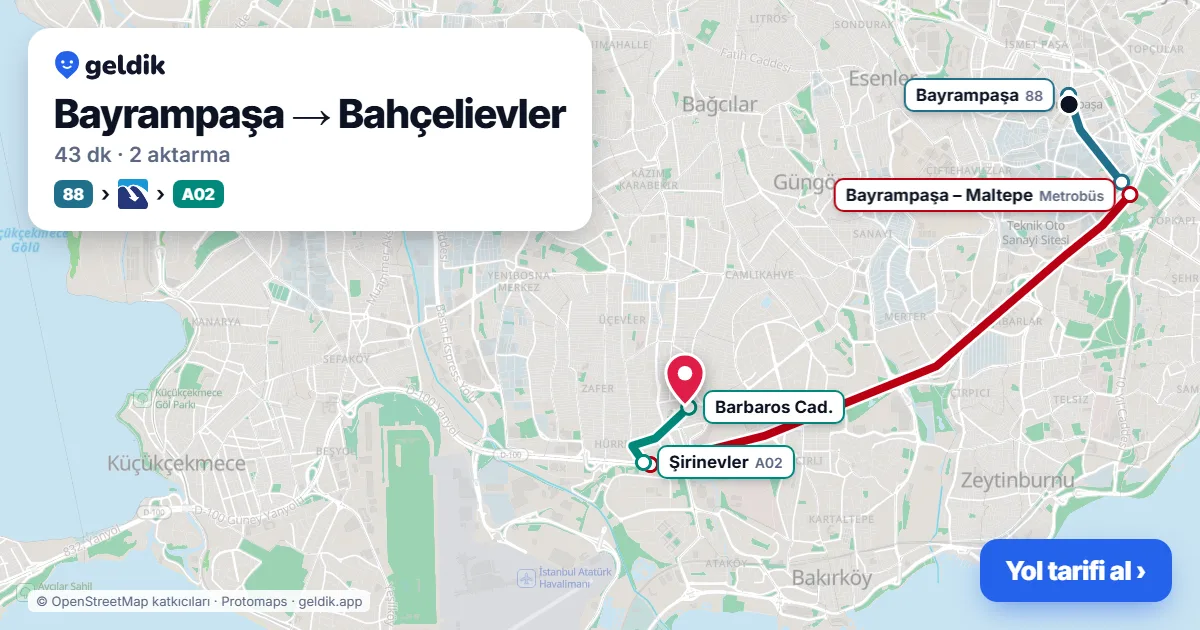 Bayrampaşa – Bahçelievler yol haritası: 88 otobüsü → Metrobüs → A02 minibüsü ile ~43 dk