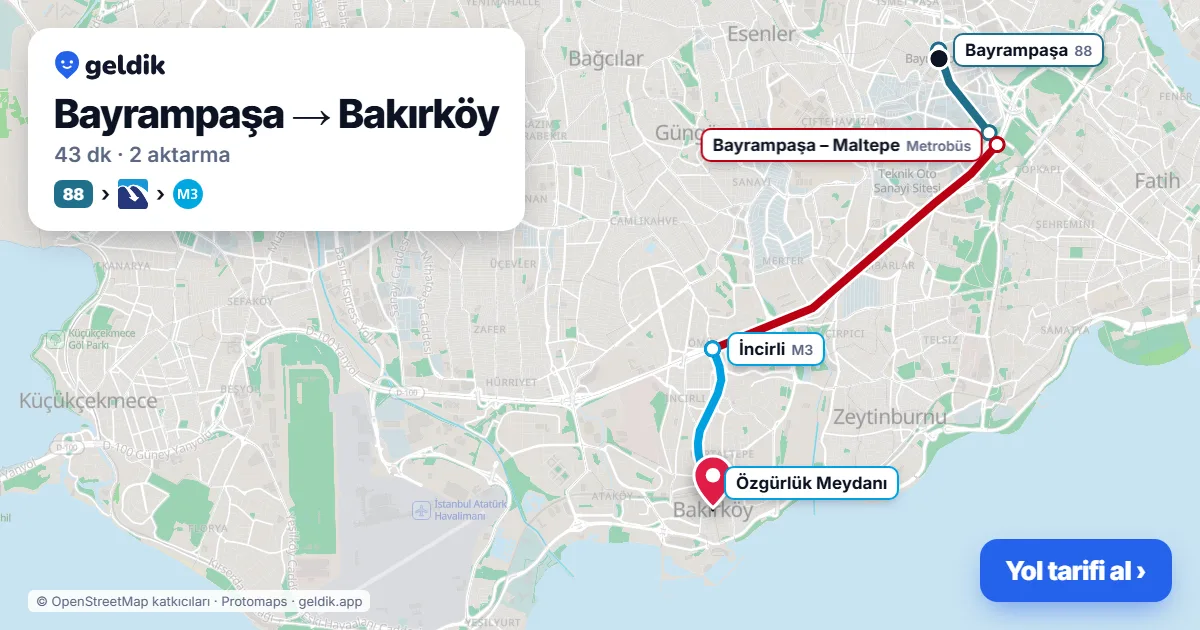 Bayrampaşa – Bakırköy yol haritası: 88 otobüsü → Metrobüs → M3 ile ~43 dk