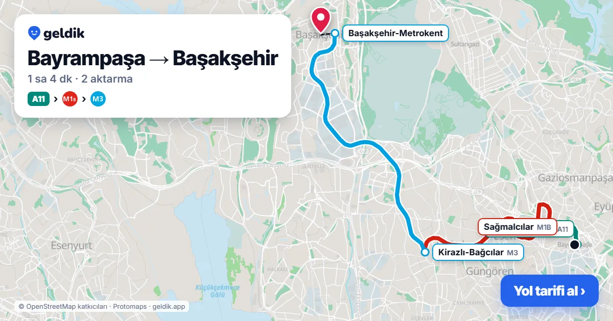 Bayrampaşa – Başakşehir yol haritası: A11 minibüsü → M1B → M3 ile ~1 sa 4 dk