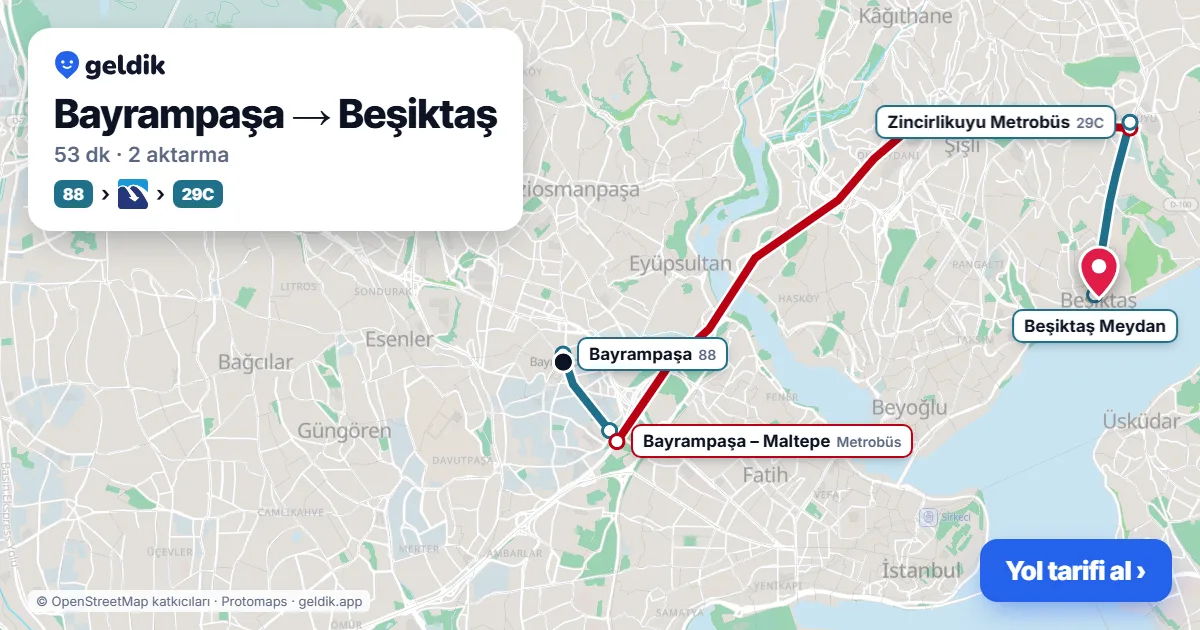 Bayrampaşa – Beşiktaş yol haritası: 88 otobüsü → Metrobüs → 29D otobüsü ile ~52 dk