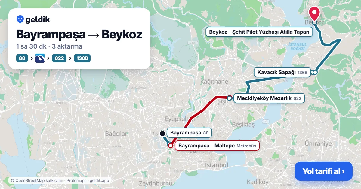 Bayrampaşa – Beykoz yol haritası: 88 otobüsü → Metrobüs → 622 otobüsü → 15A otobüsü ile ~1 sa 38 dk
