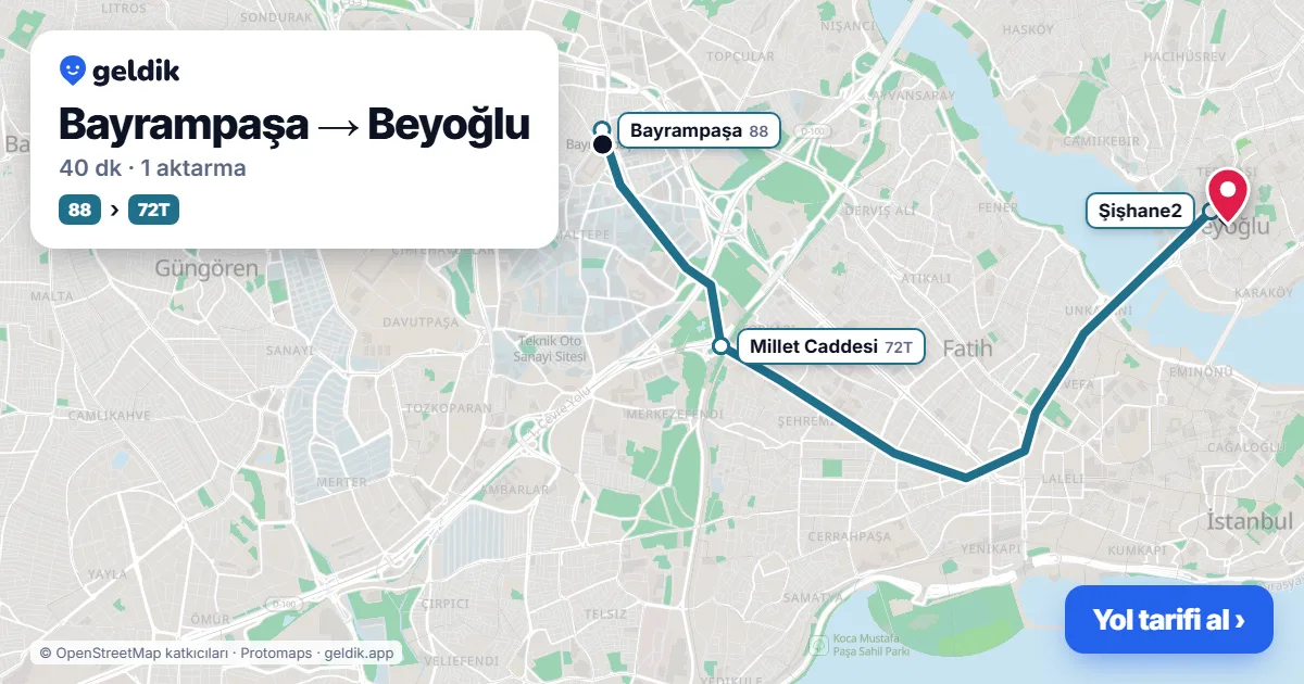 Bayrampaşa – Beyoğlu yol haritası: 88 otobüsü → 72T otobüsü ile ~38 dk